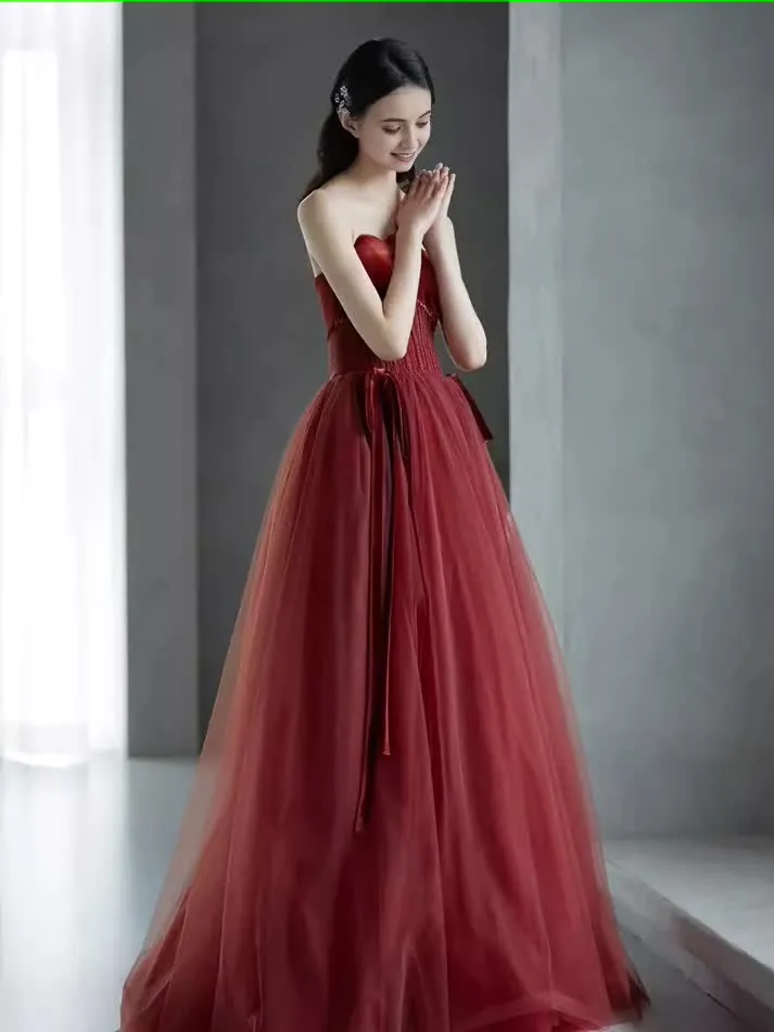 A line Burgundy Strapless Prom Dresses Evening Dress