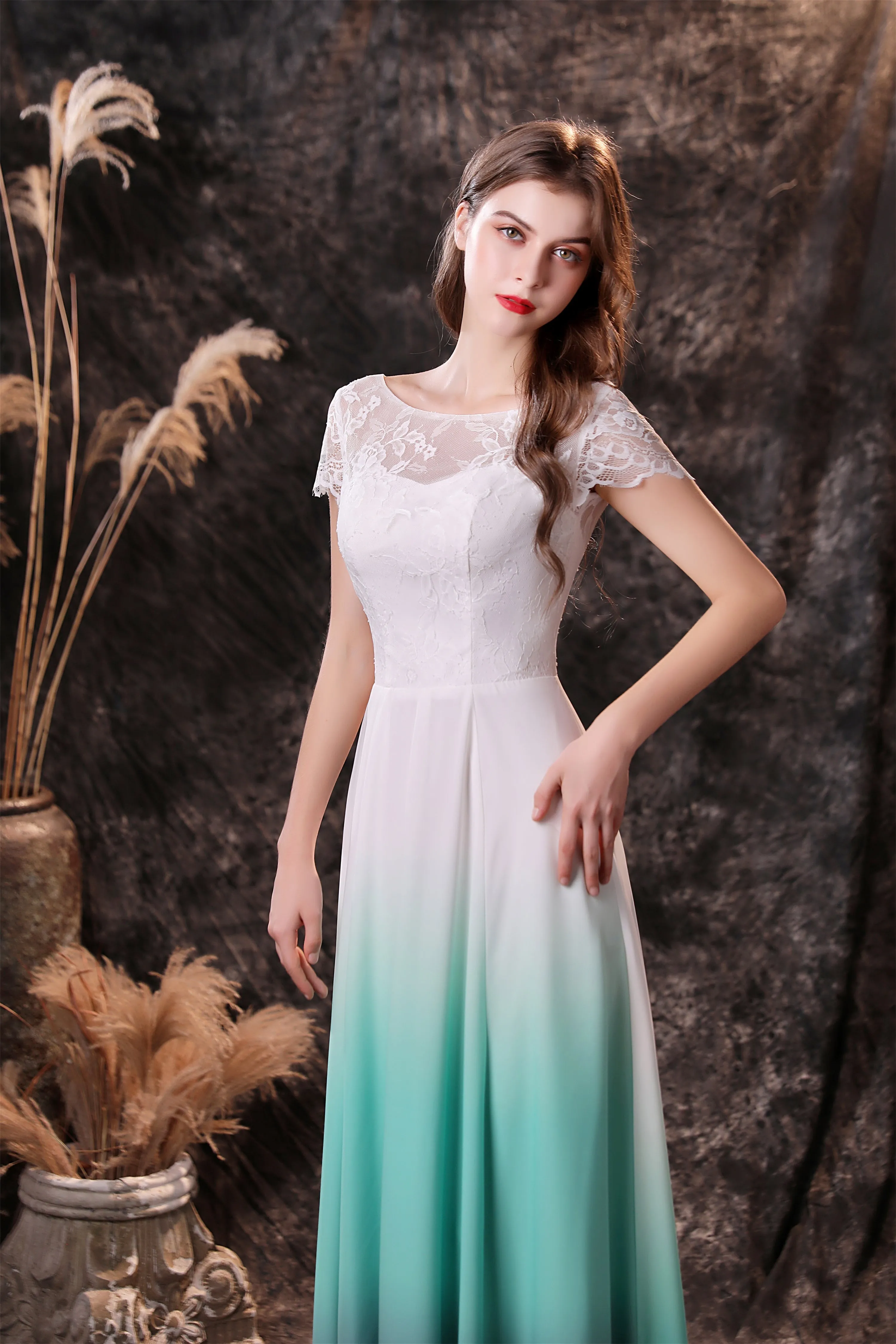 A Line Cap Sleeve Ombre Silk Floor Length Prom Dresses