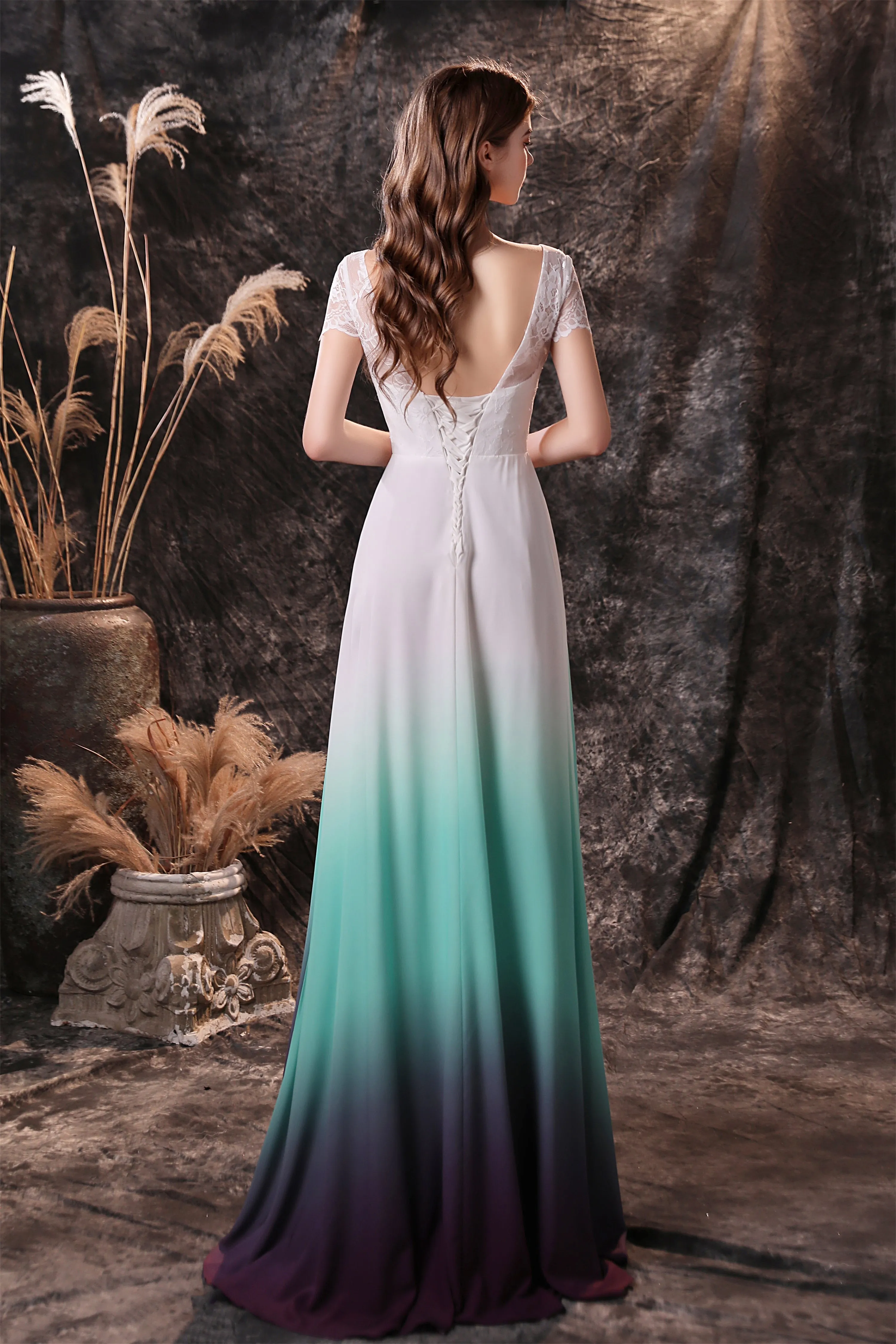 A Line Cap Sleeve Ombre Silk Floor Length Prom Dresses