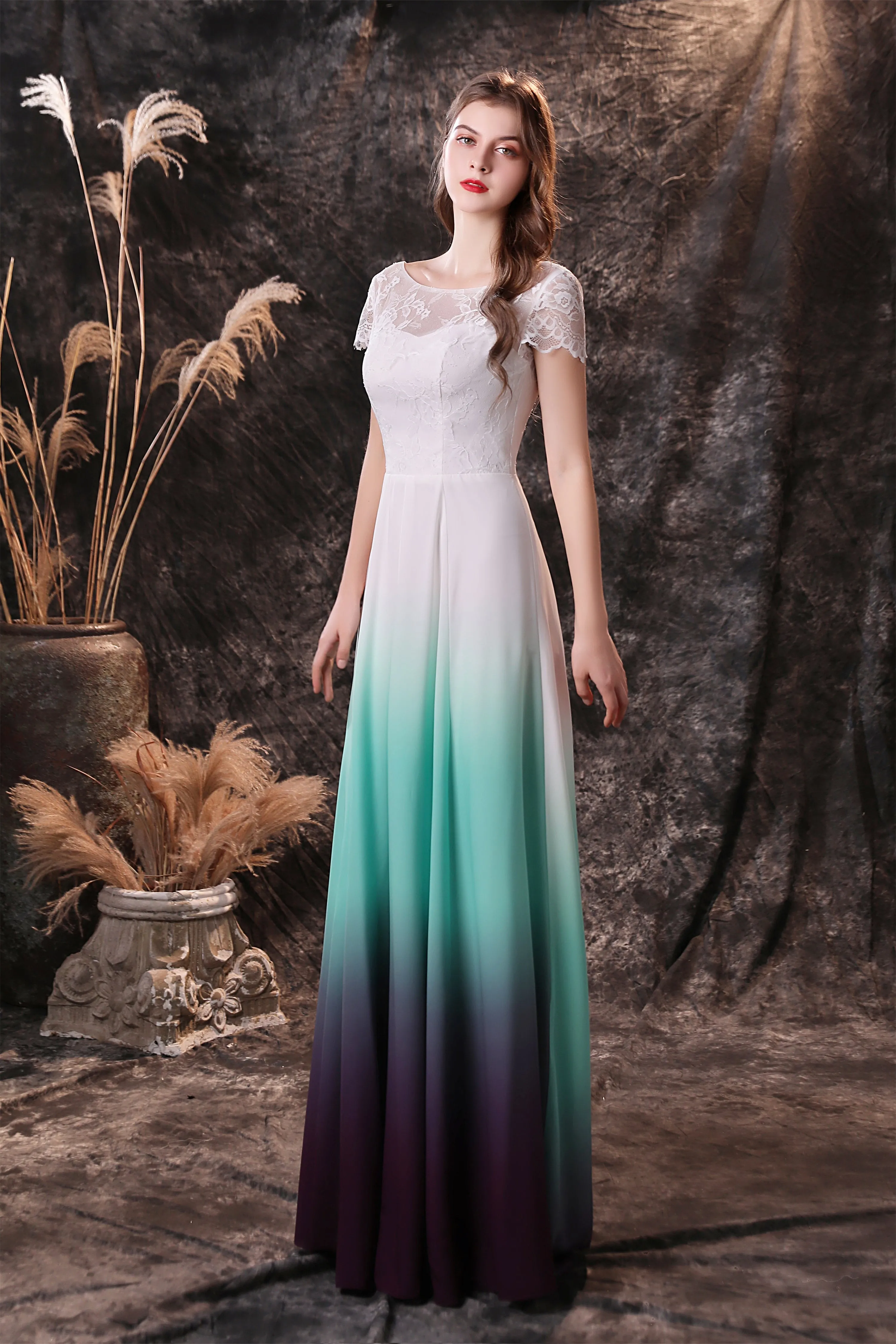 A Line Cap Sleeve Ombre Silk Floor Length Prom Dresses