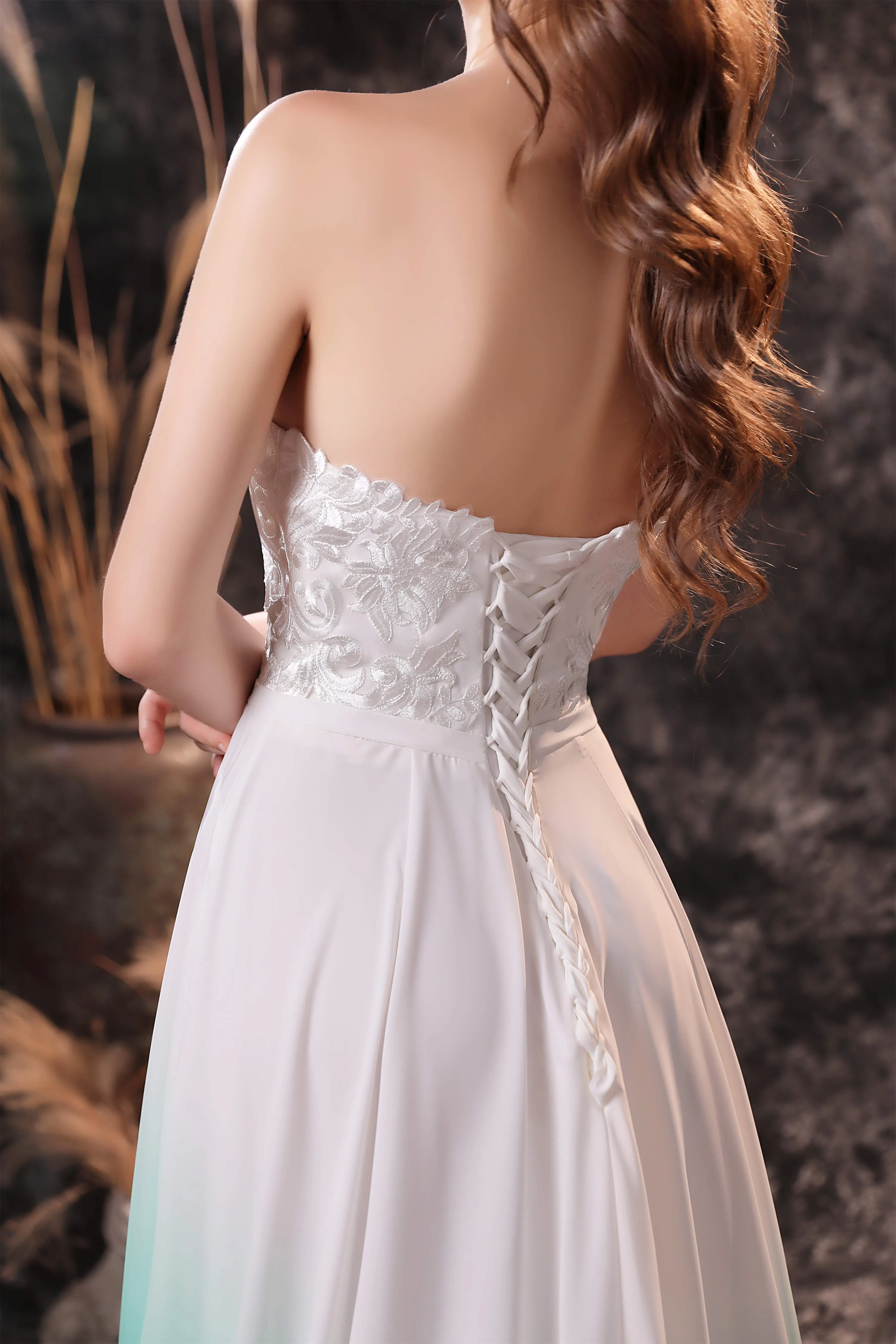 A Line Strapless Sleeveless Appliques Ombre Silk Like Satin Sweep Train Prom Dresses