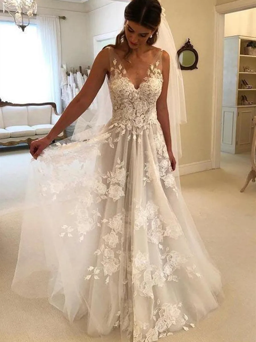 A Line V Neck Lace Appliques White Long Prom Dresses Wedding Dresses, V Neck White Lace Formal Dresses, White Lace Evening Dresses