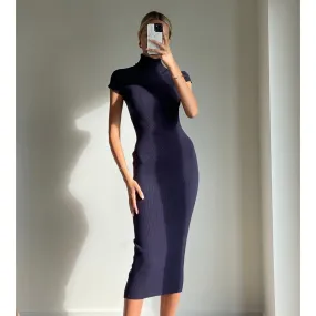 ADAH Navy High Neck Short Sleeve Bodycon Midi Dress