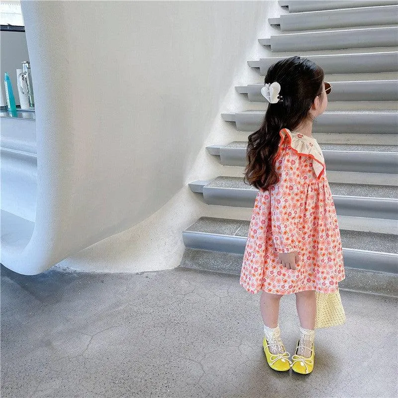 Baby Kid Girls Color-blocking Flower Embroidered Print Dresses