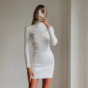 BASTET White High Neck Long Sleeve Bodycon Knit Mini Dress