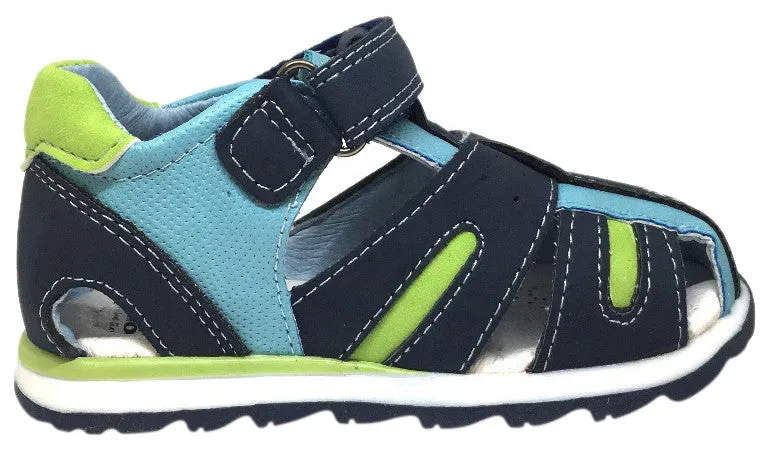 Beeko Boy's Eagle II Navy and Green Leather Single Hook and Loop Strap Fisherman Athletic Sandal