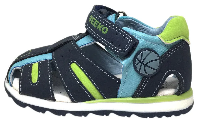 Beeko Boy's Eagle II Navy and Green Leather Single Hook and Loop Strap Fisherman Athletic Sandal