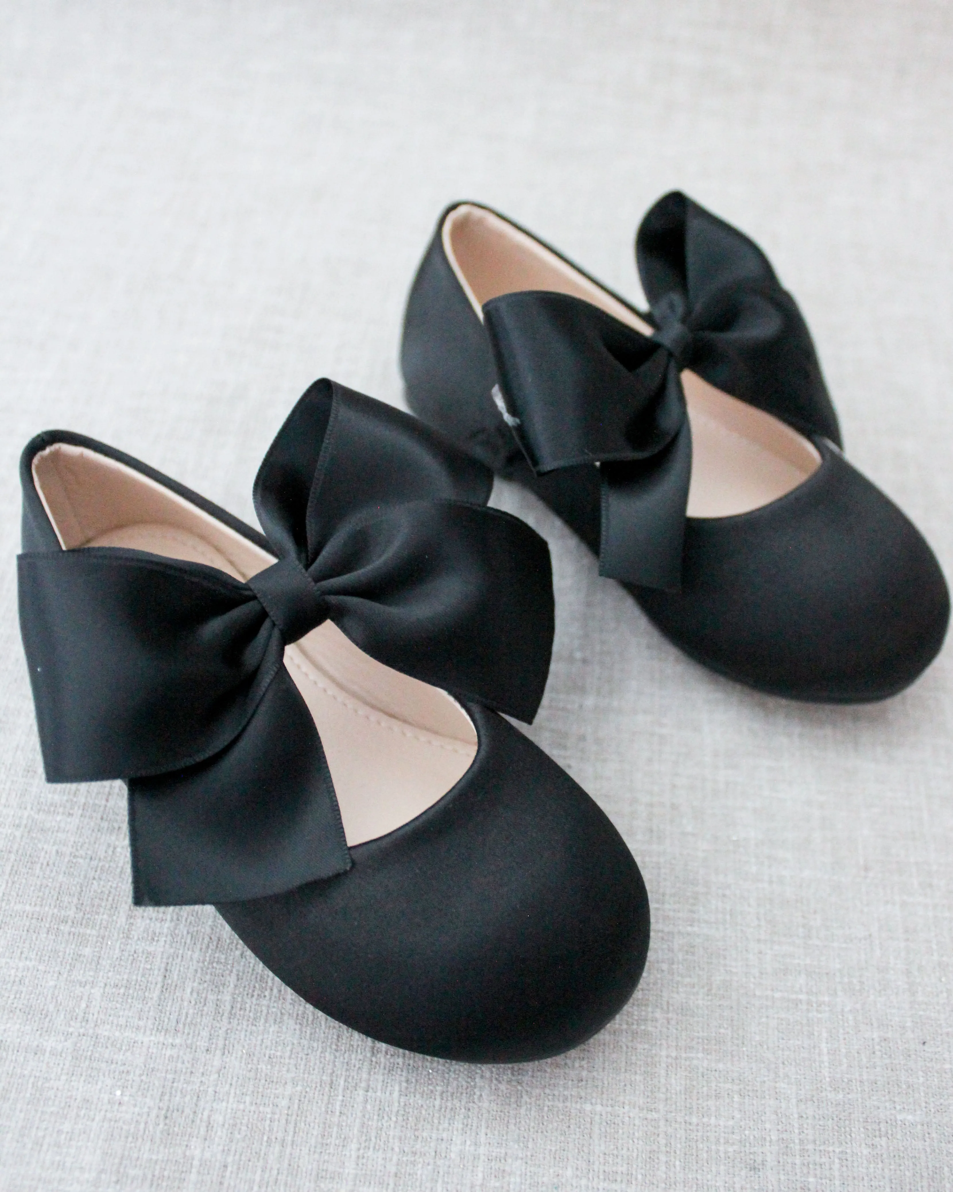 Black Satin Mary Jane Flats with Satin Bow