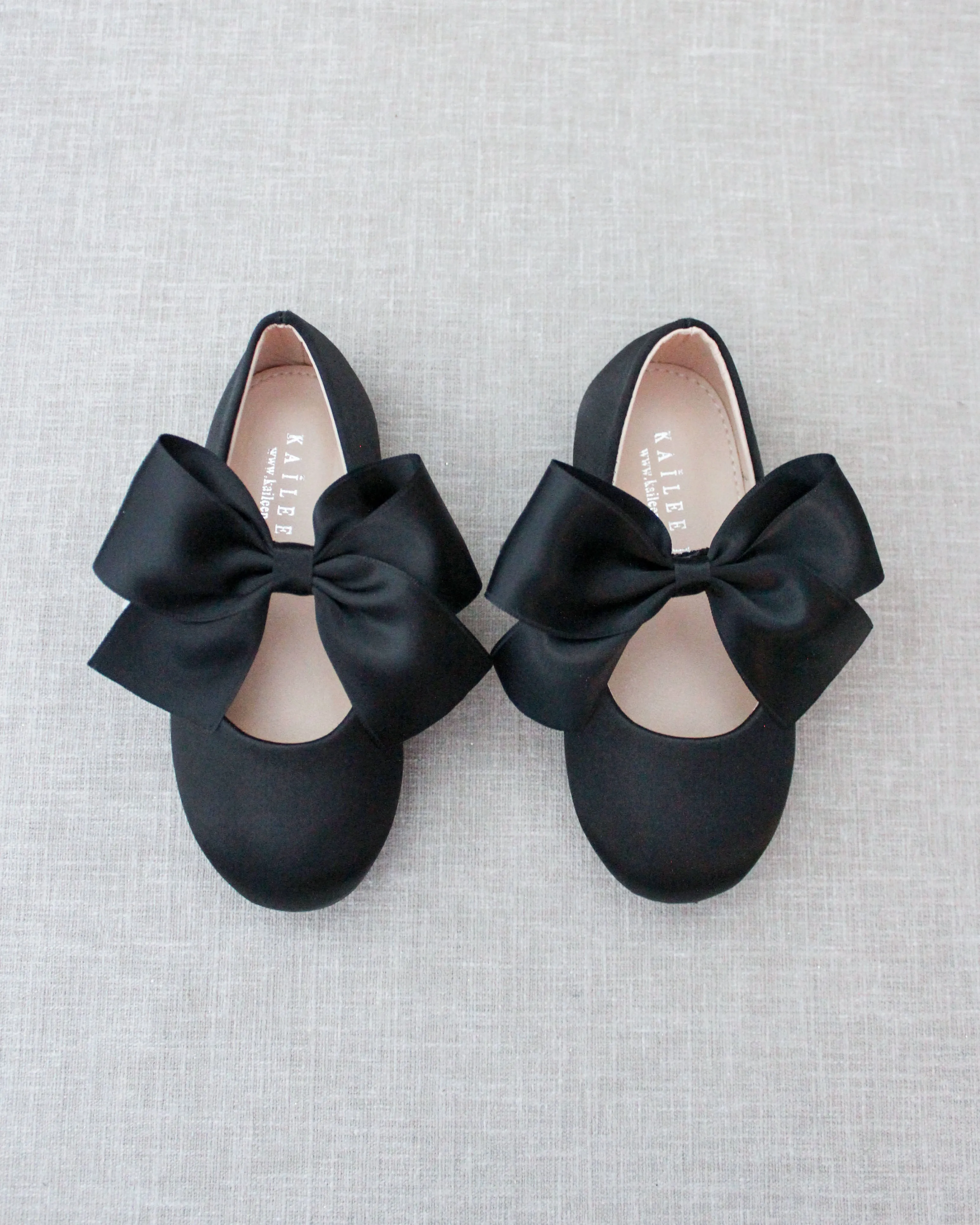 Black Satin Mary Jane Flats with Satin Bow