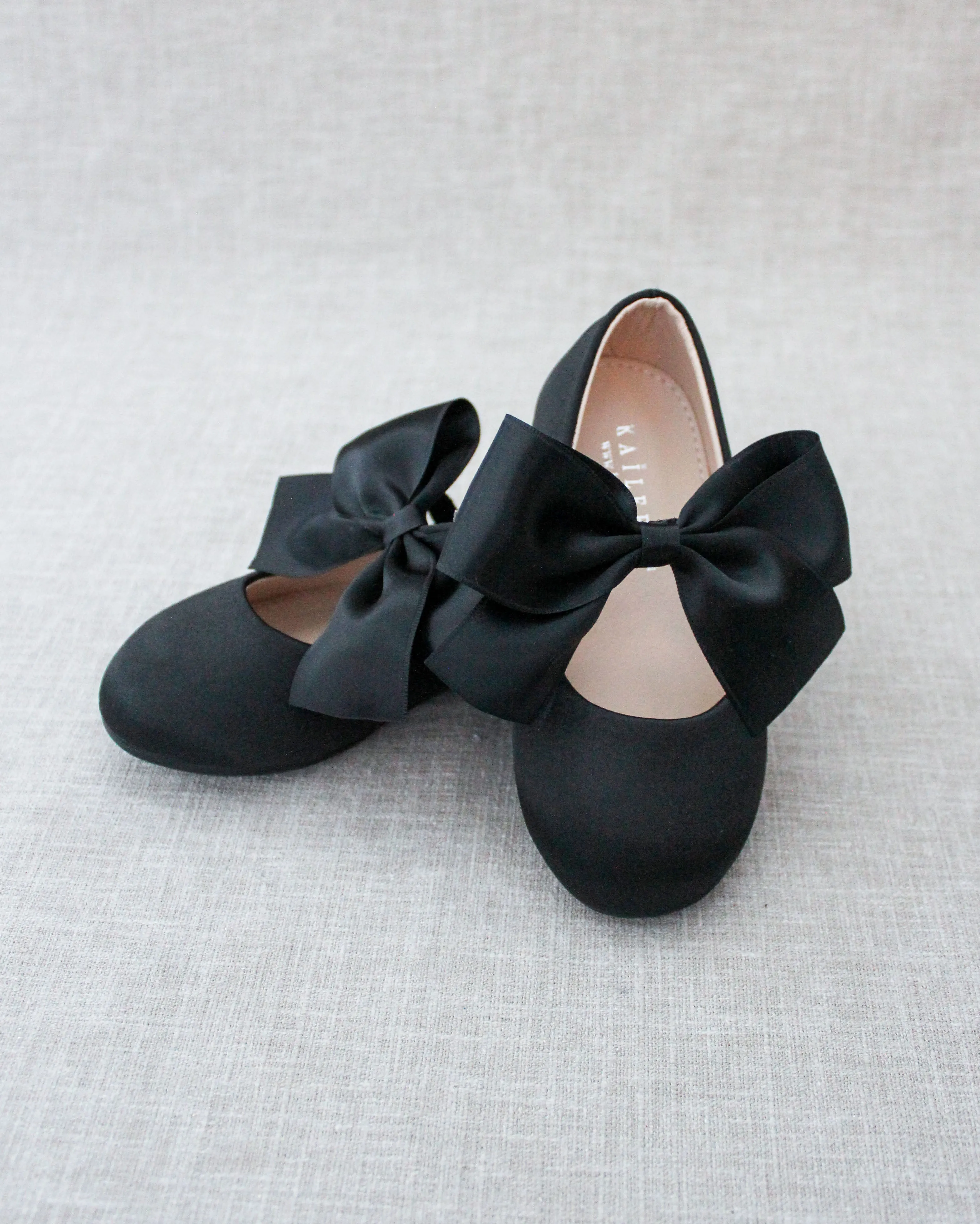 Black Satin Mary Jane Flats with Satin Bow