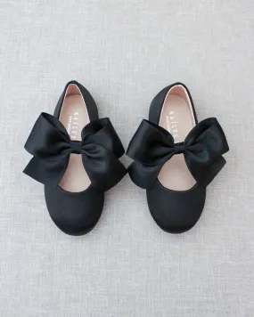 Black Satin Mary Jane Flats with Satin Bow