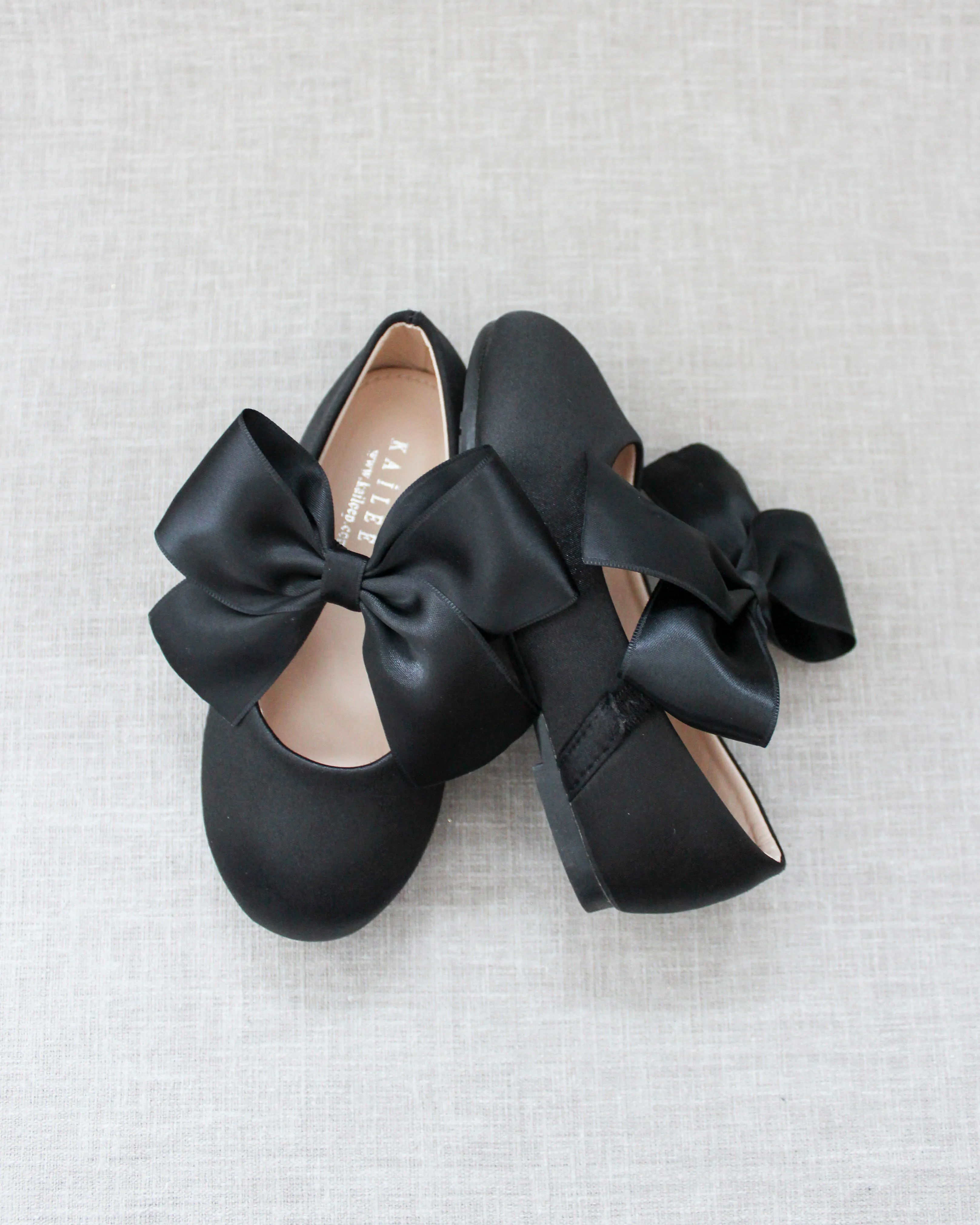 Black Satin Mary Jane Flats with Satin Bow