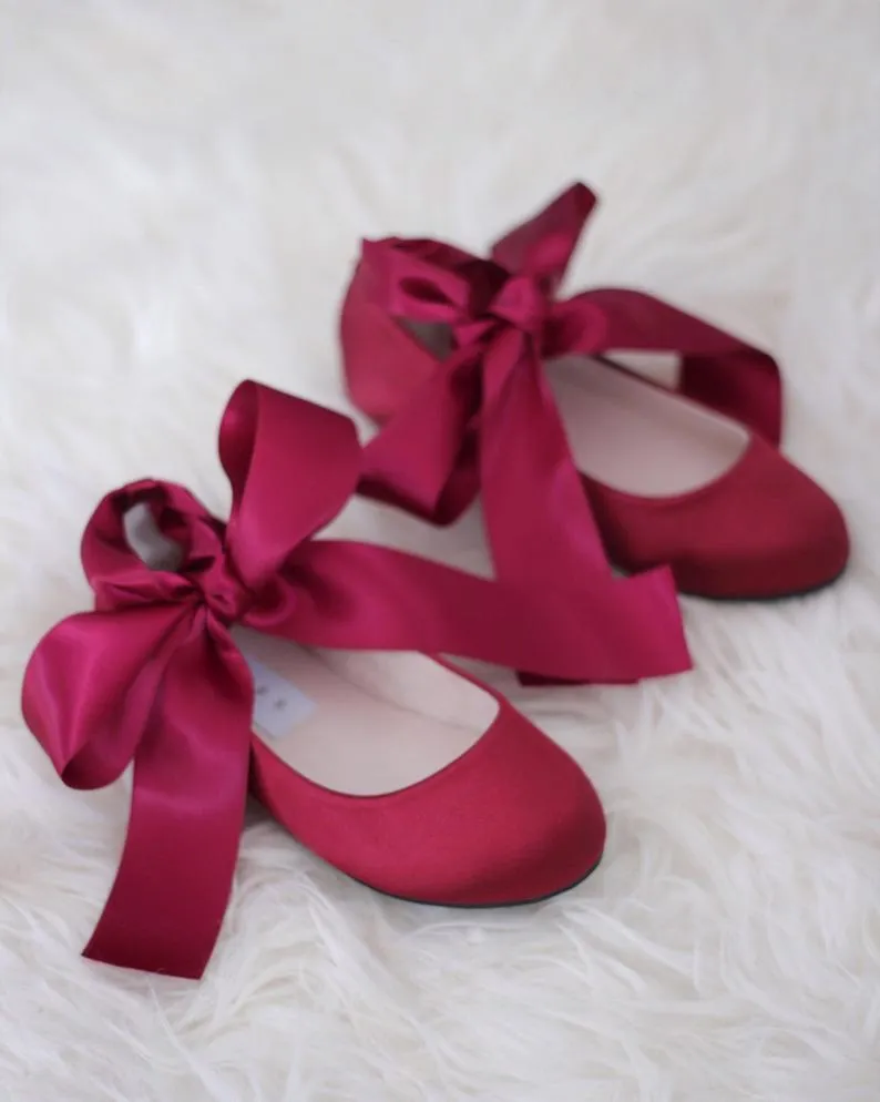 Burgundy Satin Ankle Tie or Ballerina Lace Up