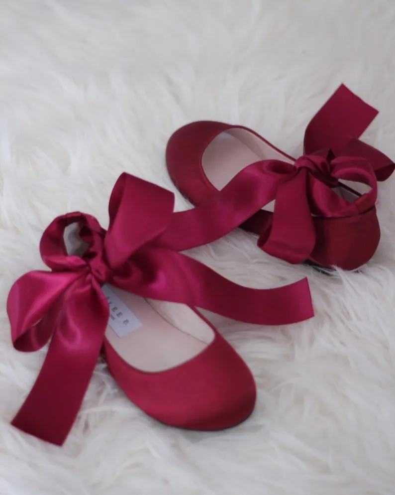 Burgundy Satin Ankle Tie or Ballerina Lace Up