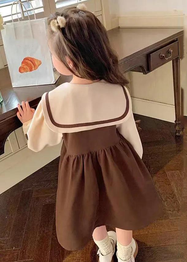 Chic Coffee Sailor Collar Patchwork Cotton Girls Dresses Long Sleeve XZ022