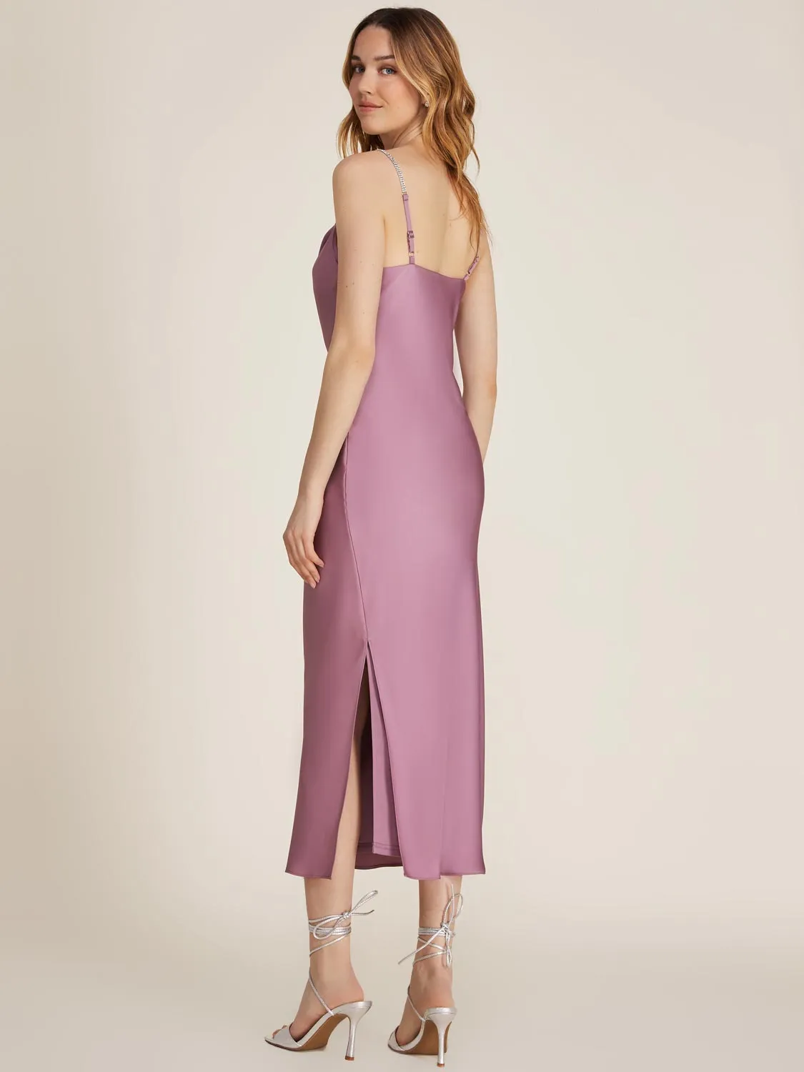 Cowl Neck Satin Midi Slip Dress With Jewelled Straps