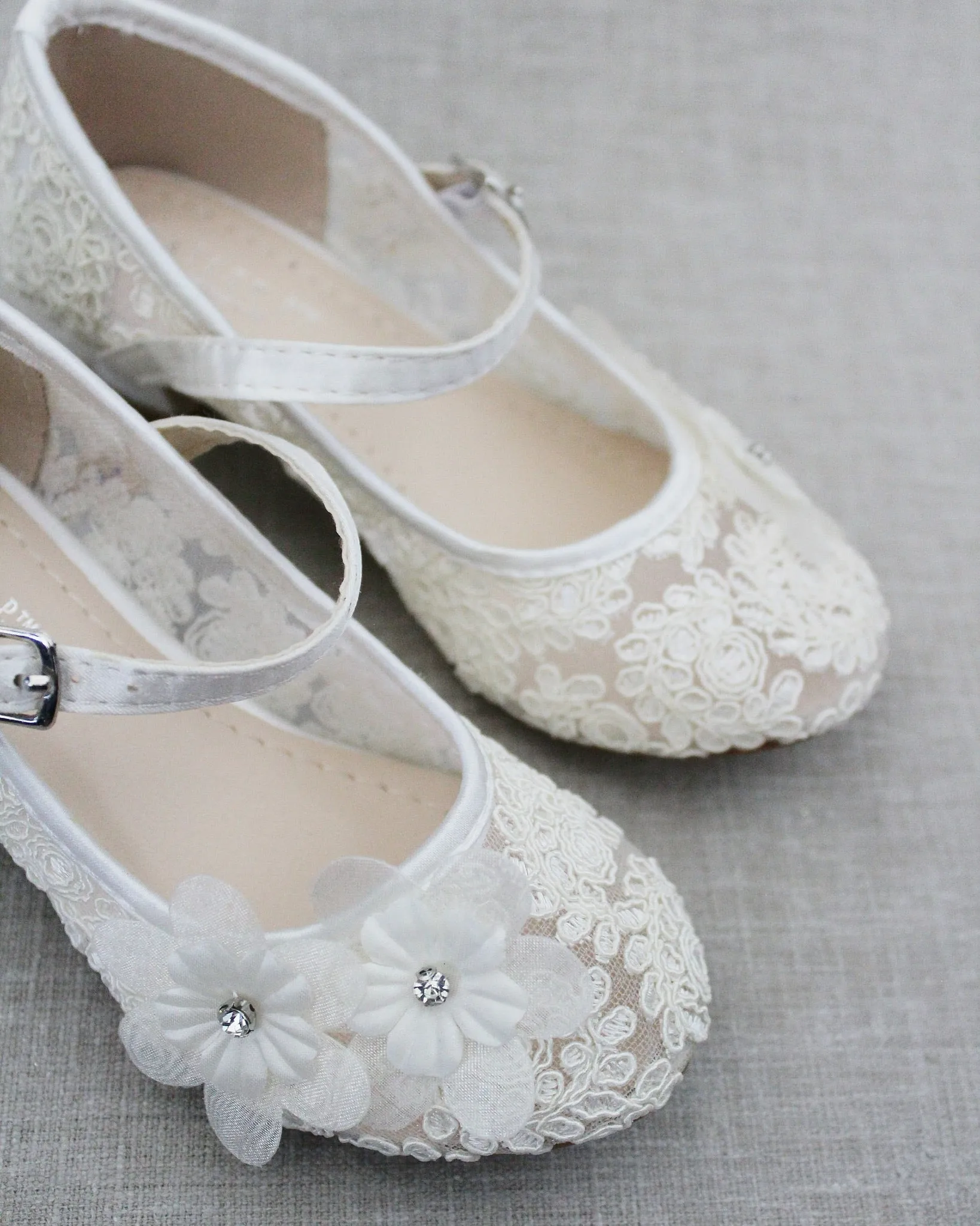 Crochet Lace Mary Jane Heels with Flower Applique