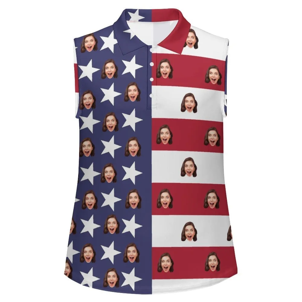 Custom Face USA Flag Sleeveless Polo Shirt Button Up Summer Casual Workout Tank Tops