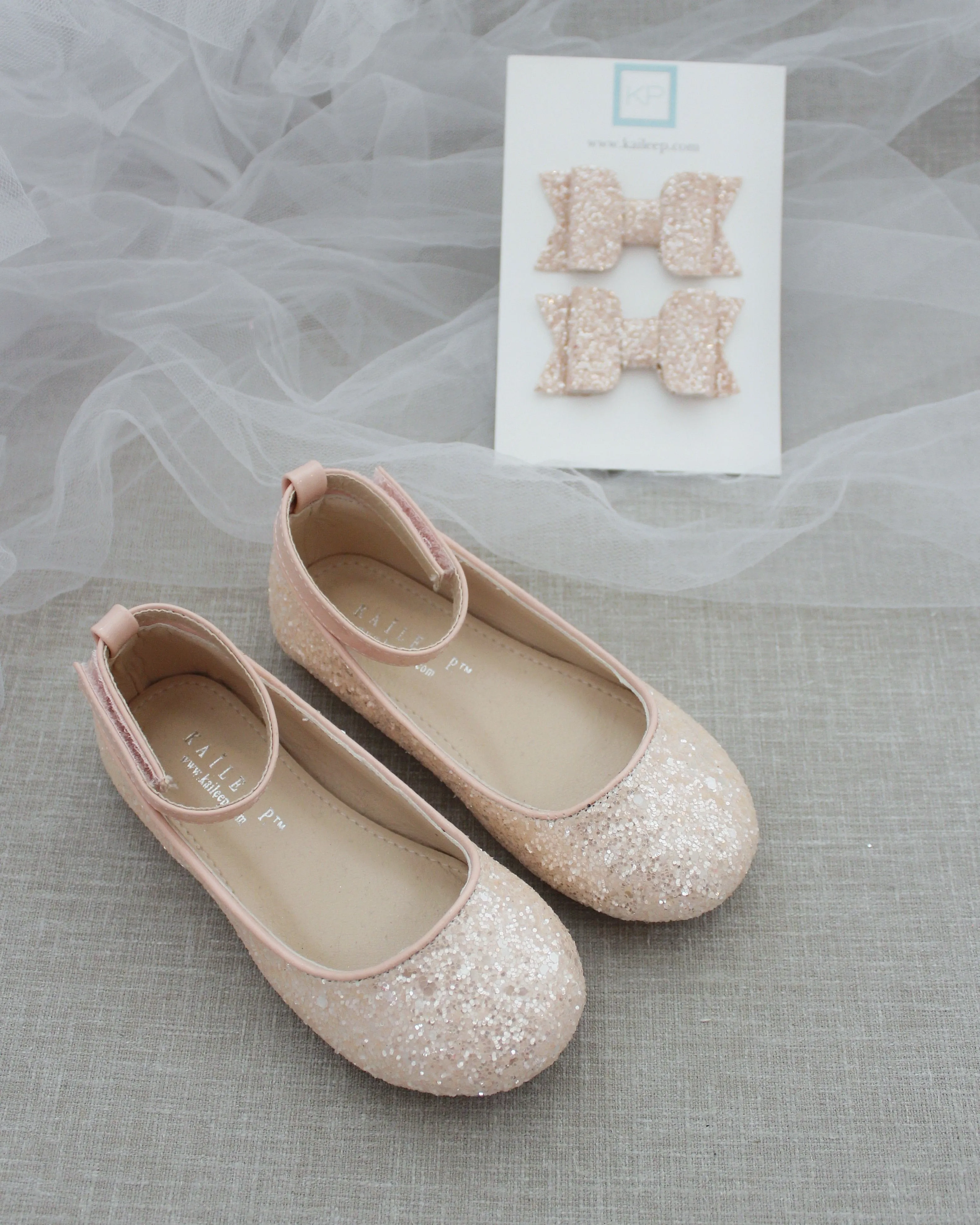 Dusty Pink Rock Glitter Ballet Flats with Velcro Ankle Strap