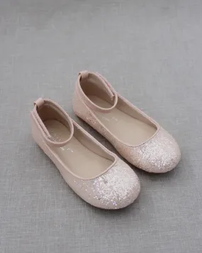 Dusty Pink Rock Glitter Ballet Flats with Velcro Ankle Strap