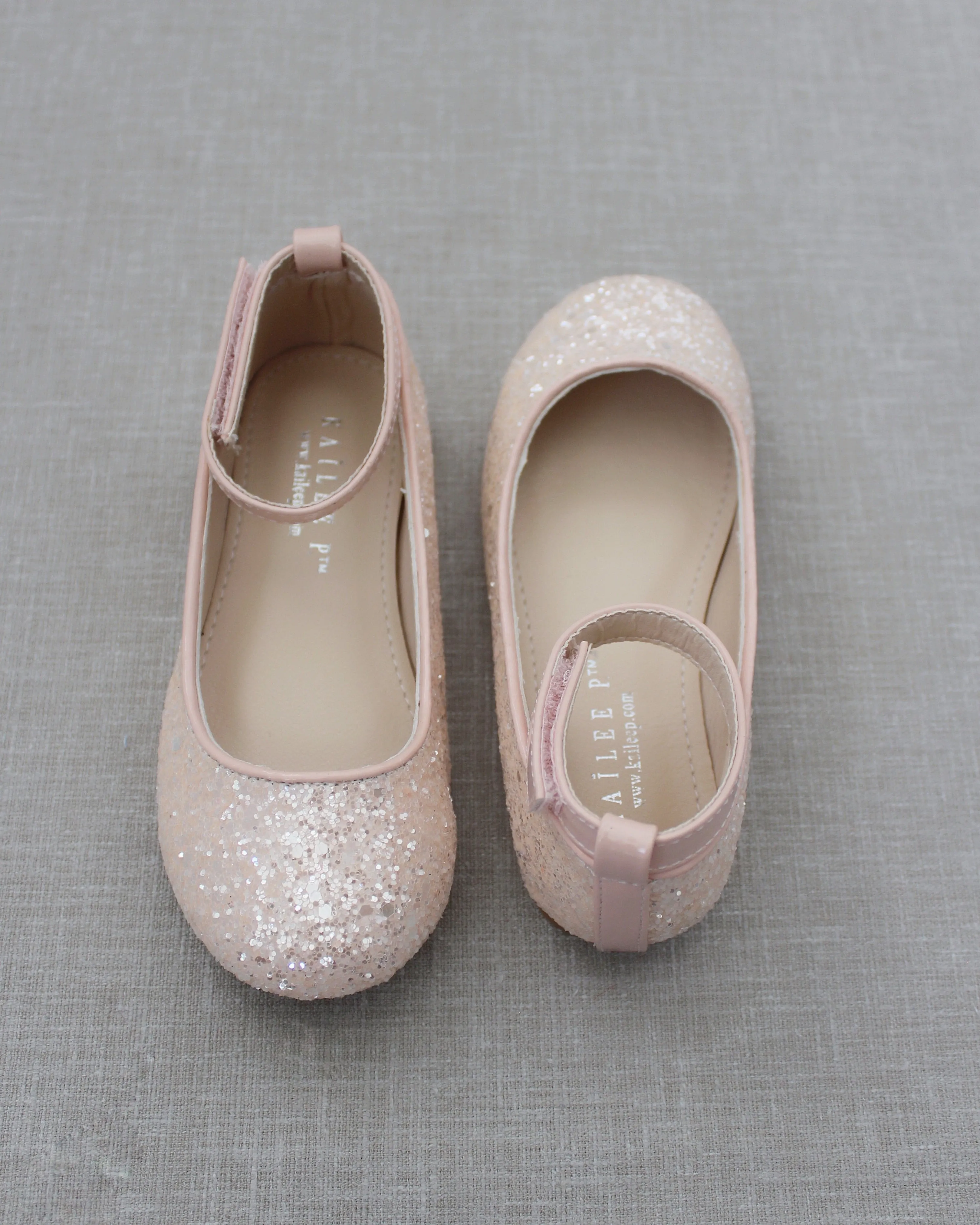 Dusty Pink Rock Glitter Ballet Flats with Velcro Ankle Strap