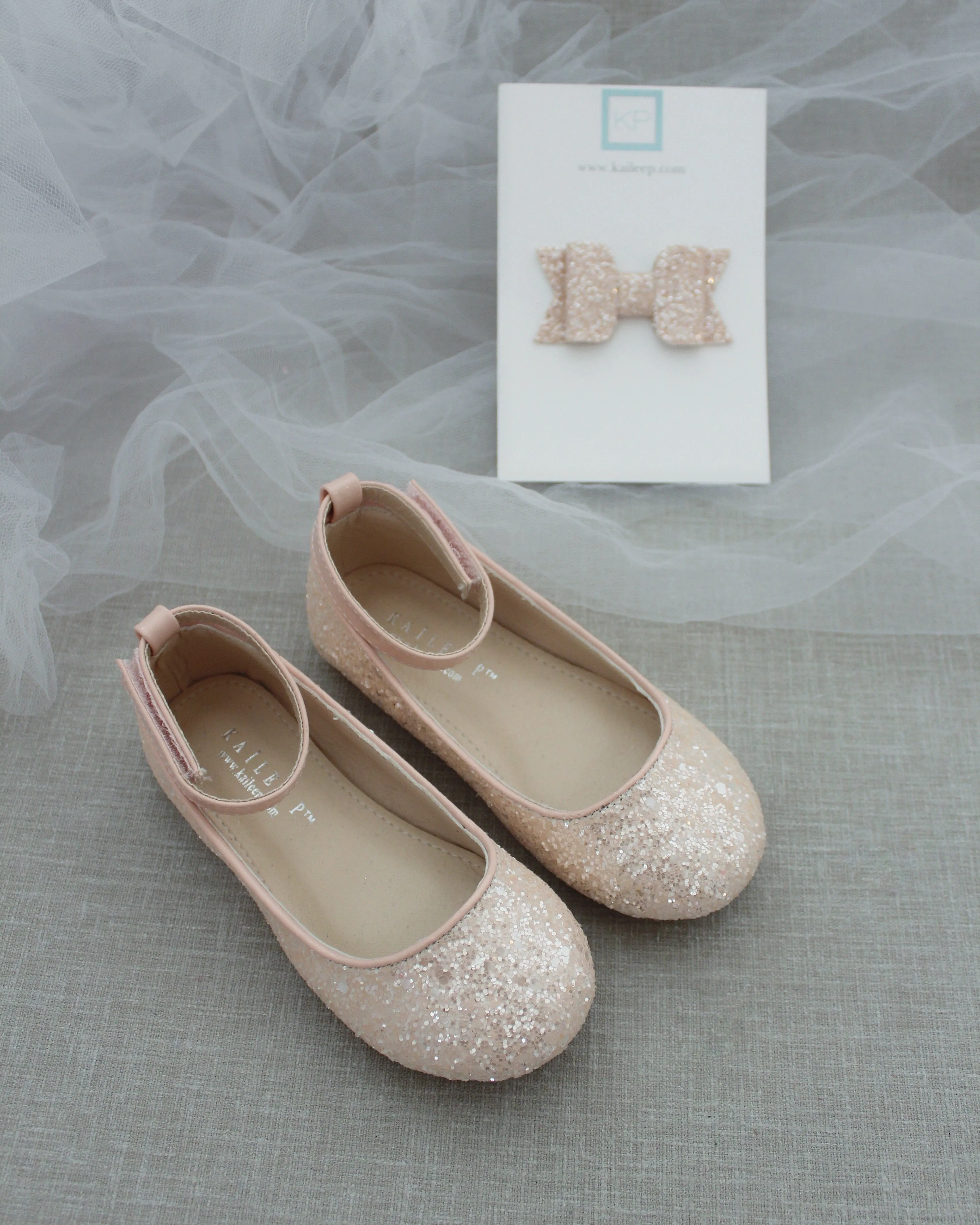 Dusty Pink Rock Glitter Ballet Flats with Velcro Ankle Strap