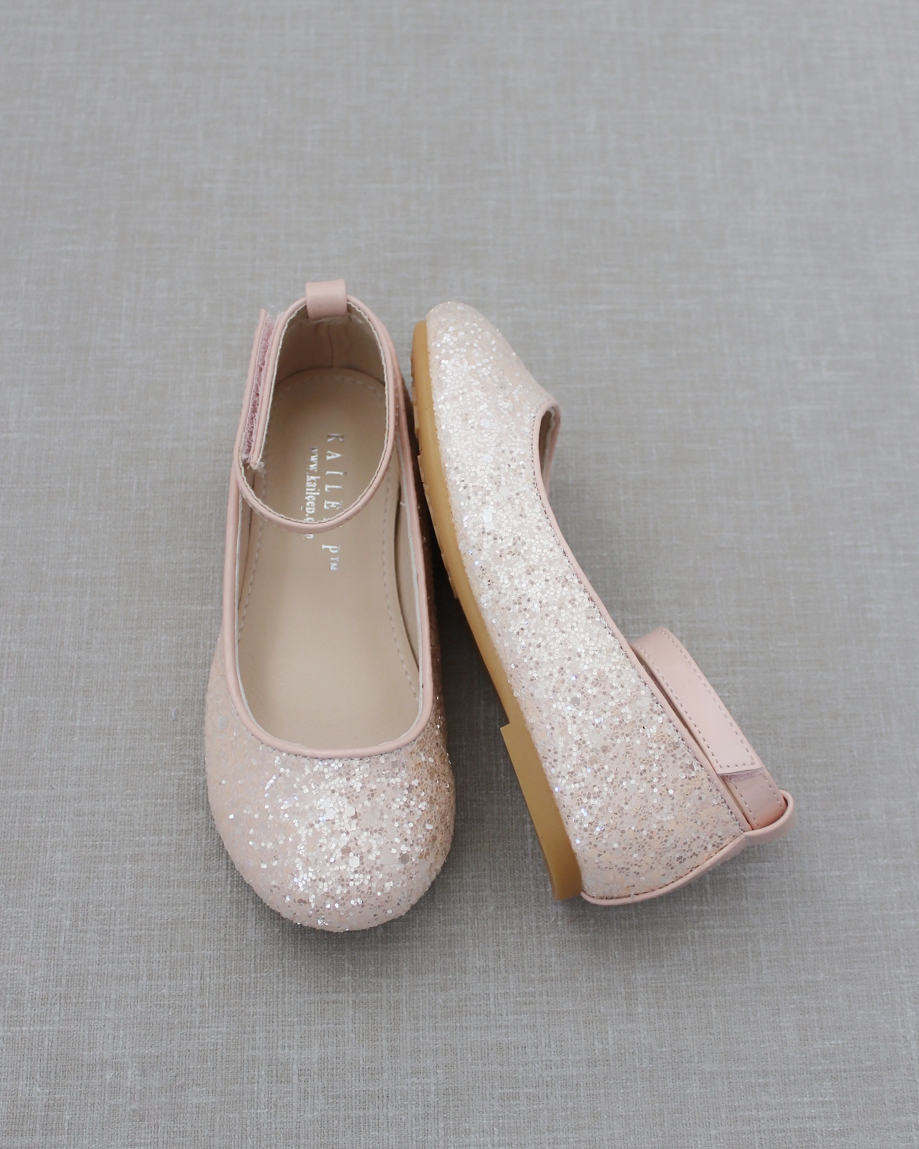 Dusty Pink Rock Glitter Ballet Flats with Velcro Ankle Strap