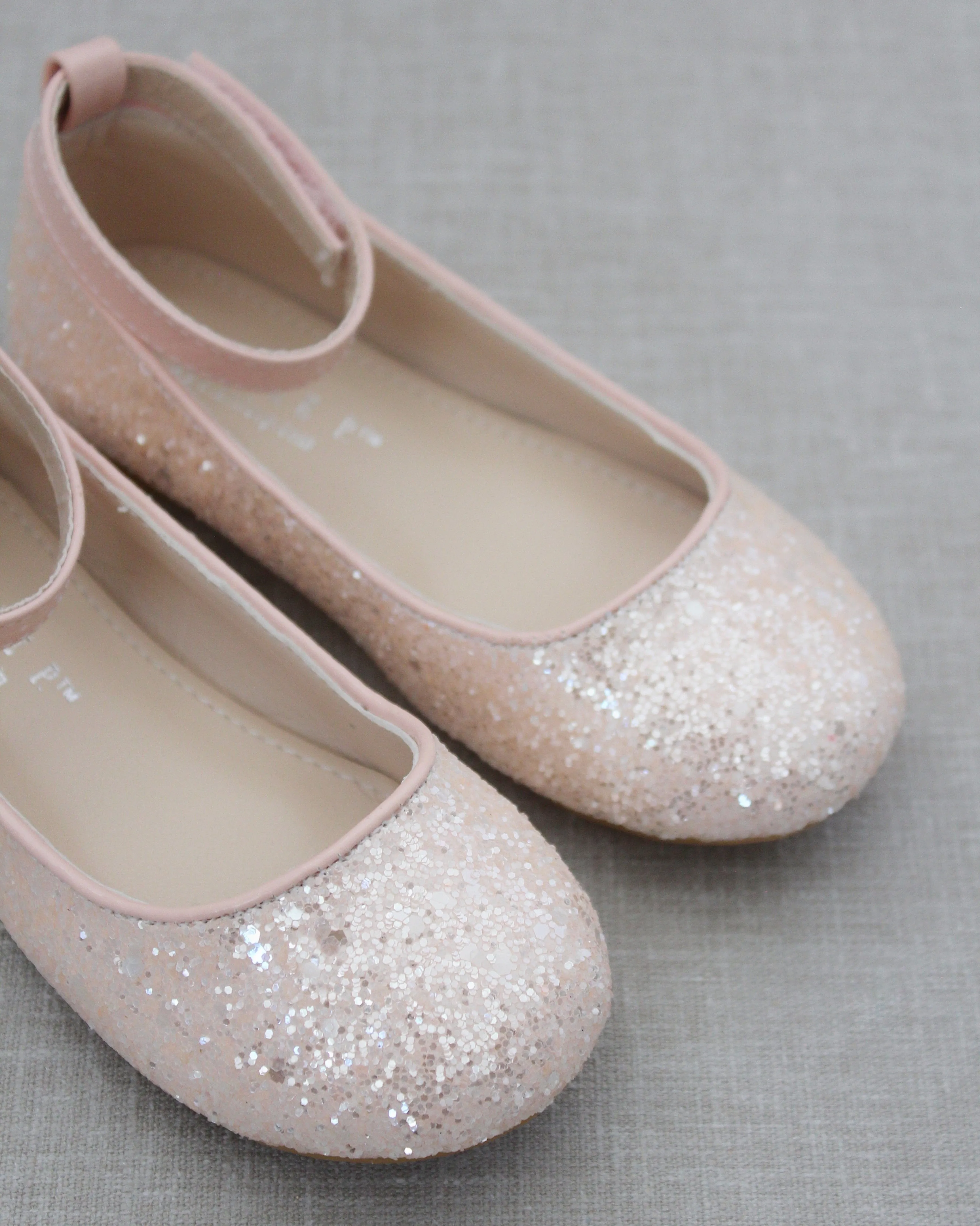 Dusty Pink Rock Glitter Ballet Flats with Velcro Ankle Strap