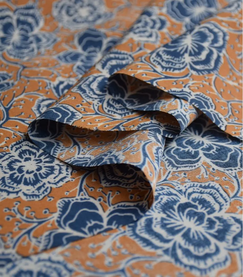 Floral Rayon Challis Fabric From France in Neela Biscuit