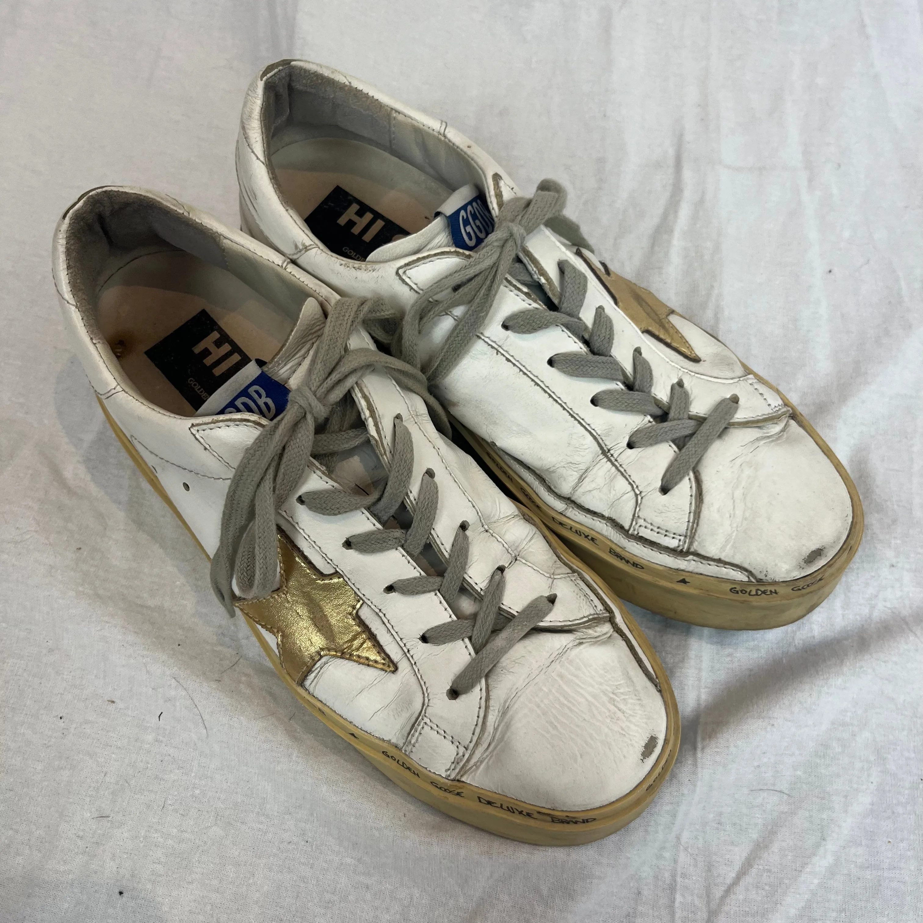 Golden Goose Deluxe White & Gold Hi Star Trainers 38