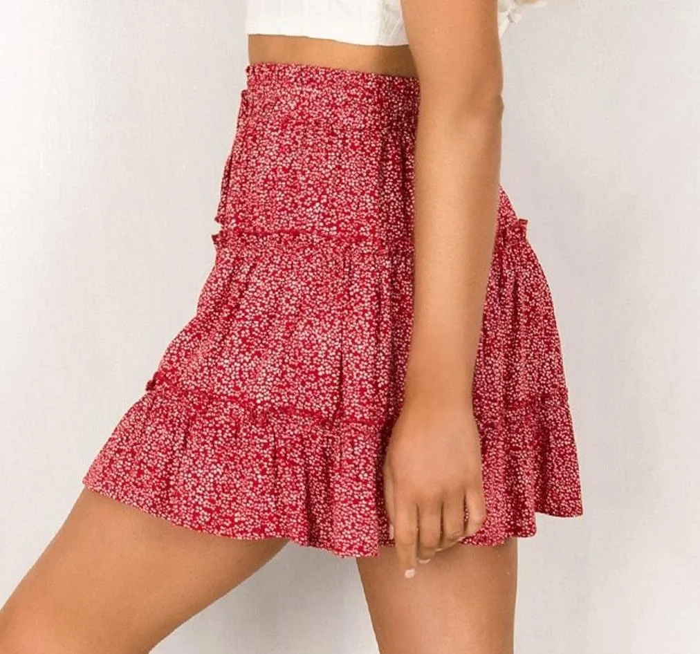 High Waist A Line Bohemian Floral Elastic Short Skirt