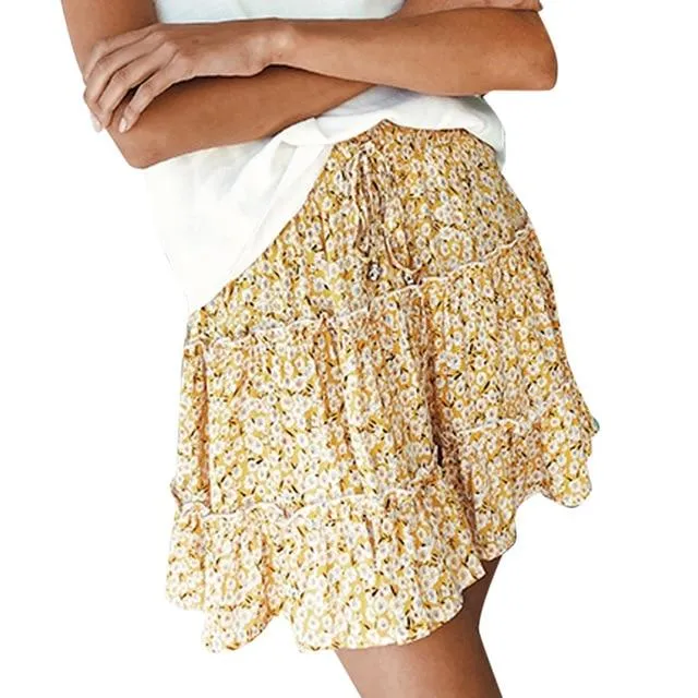 High Waist A Line Bohemian Floral Elastic Short Skirt