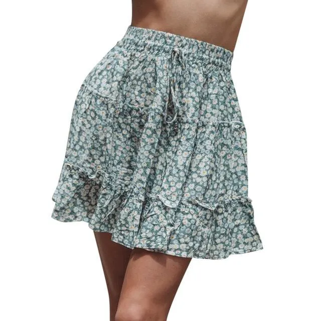 High Waist A Line Bohemian Floral Elastic Short Skirt