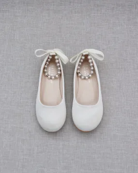 Ivory Satin Flats with Pearls Ankle Strap