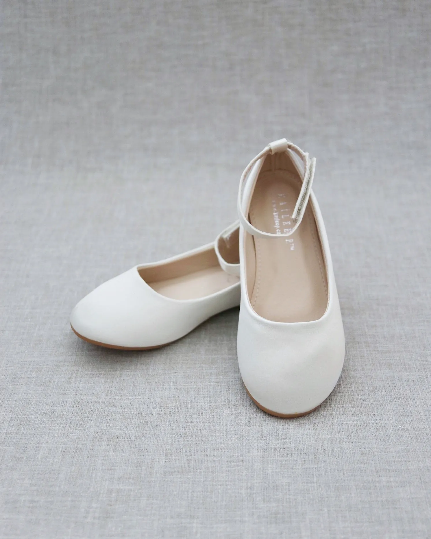 Ivory Satin Flats with Velcro Ankle Strap