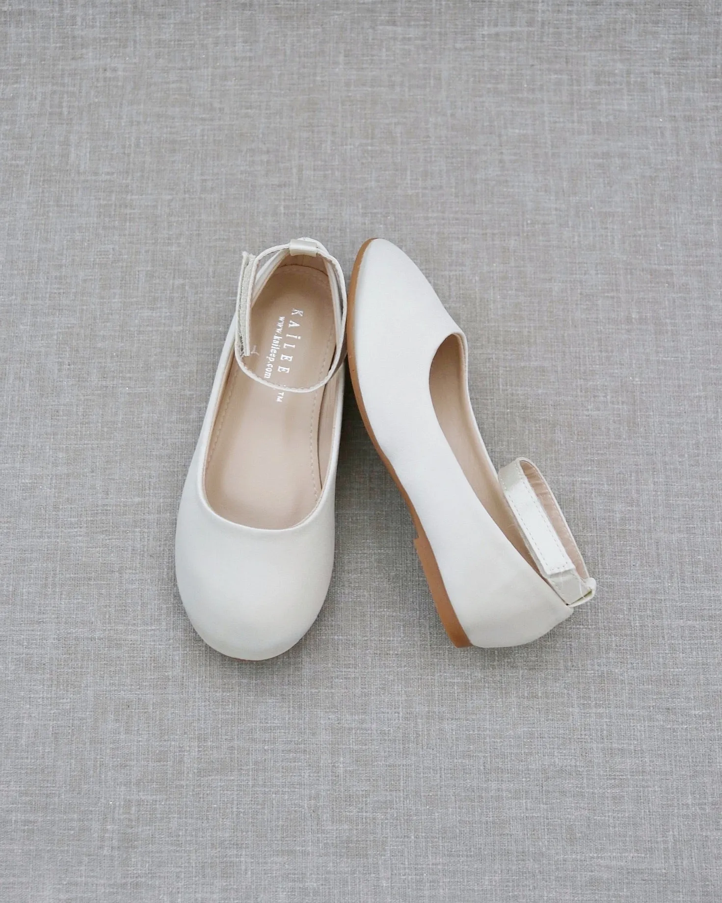 Ivory Satin Flats with Velcro Ankle Strap