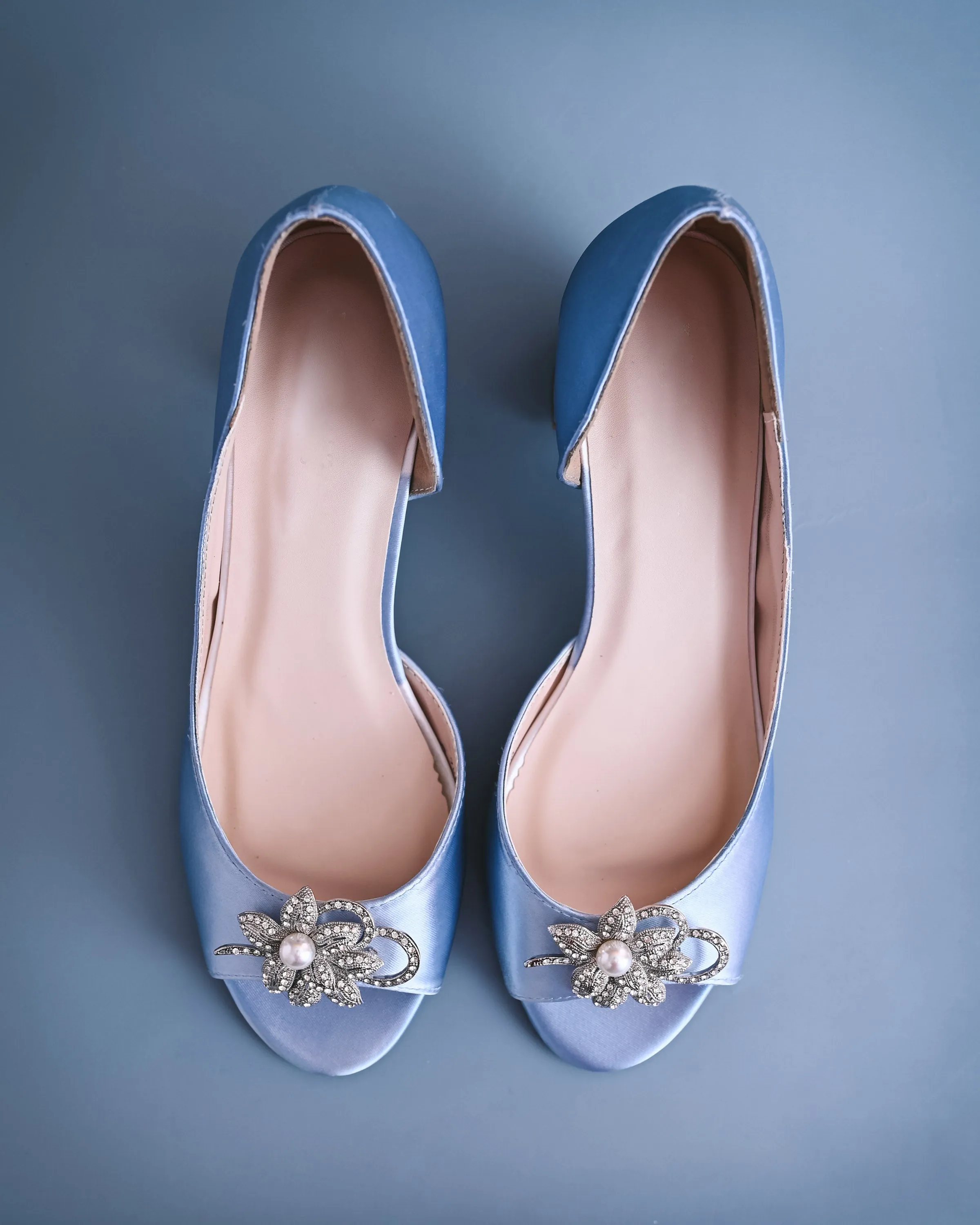 Joy Cornflower Blue Wedding Shoes with Looped Pearl Flower Adornment