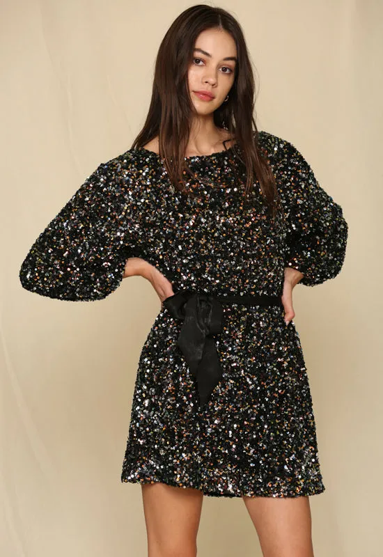 Multi Sequin Tie Waist Dress - Black Multi Sequin