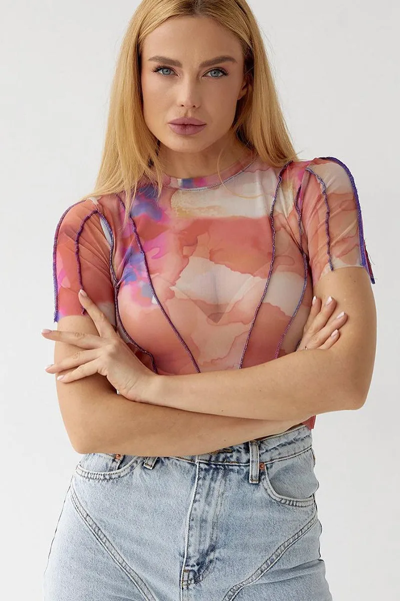 Print Mesh Short Sleeve Crop Top