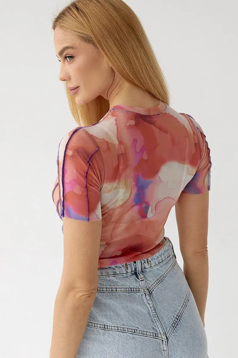 Print Mesh Short Sleeve Crop Top