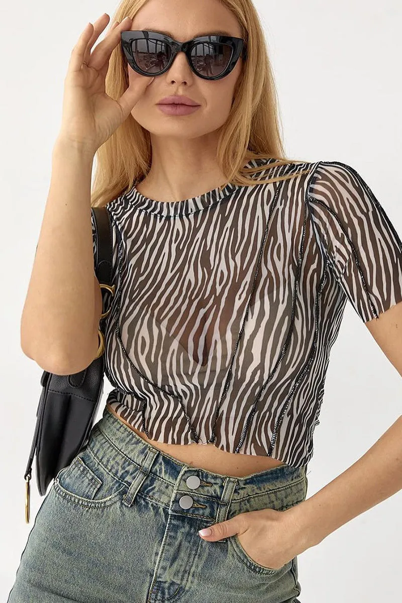 Print Mesh Short Sleeve Crop Top