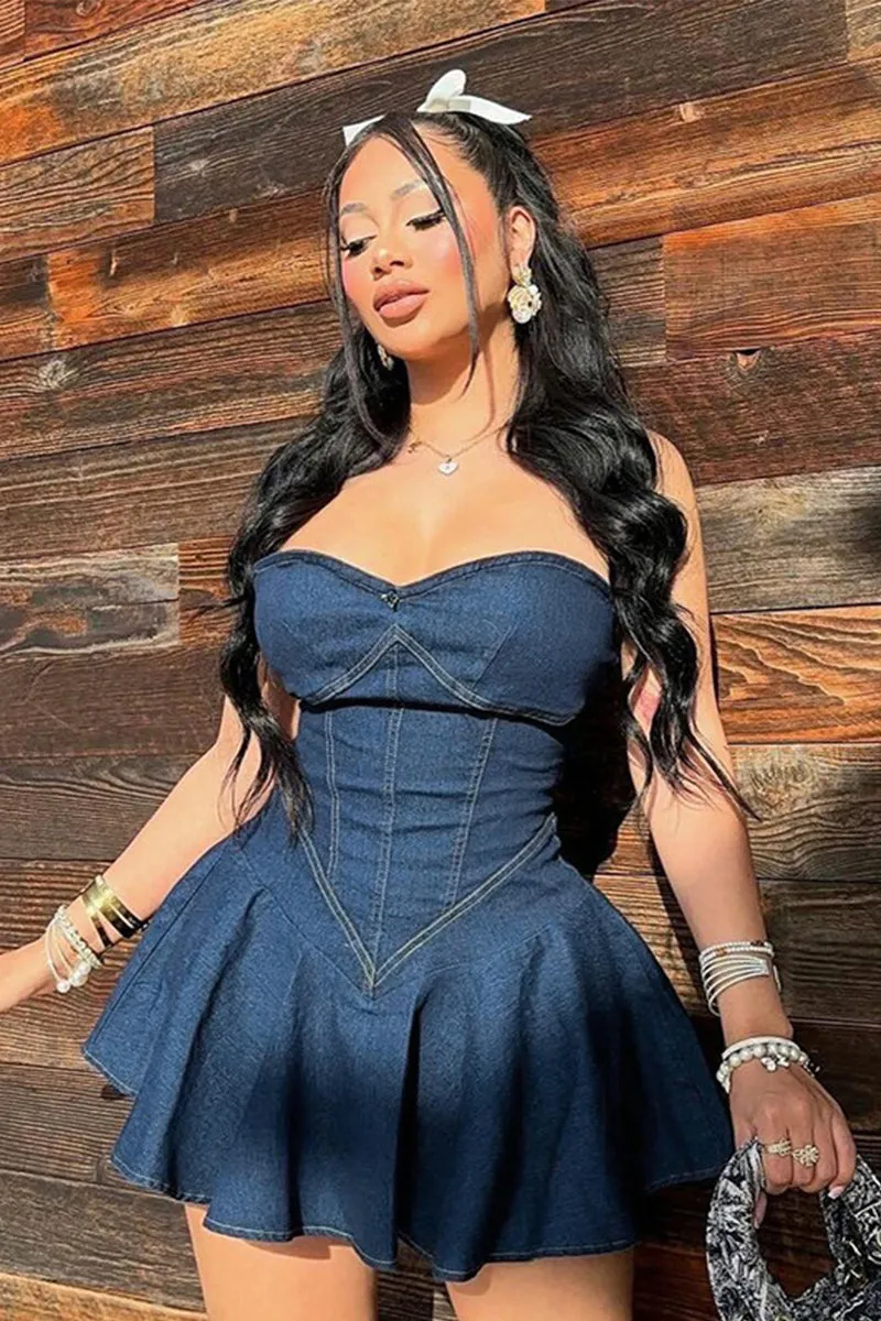 Strapless Corset Denim Print A Line Mini Dress