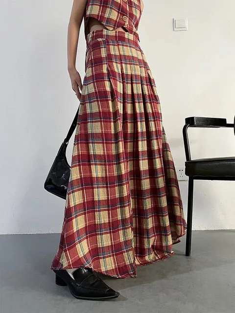 Tihee Plaid Long Skirt - Red and Tan