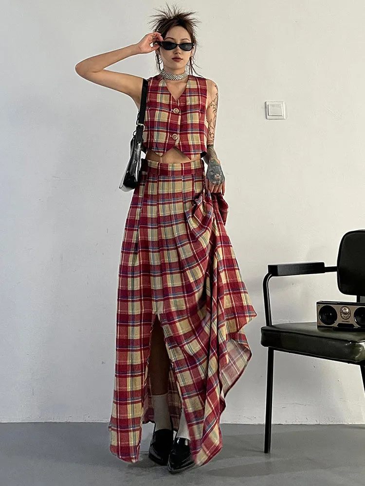 Tihee Plaid Long Skirt - Red and Tan