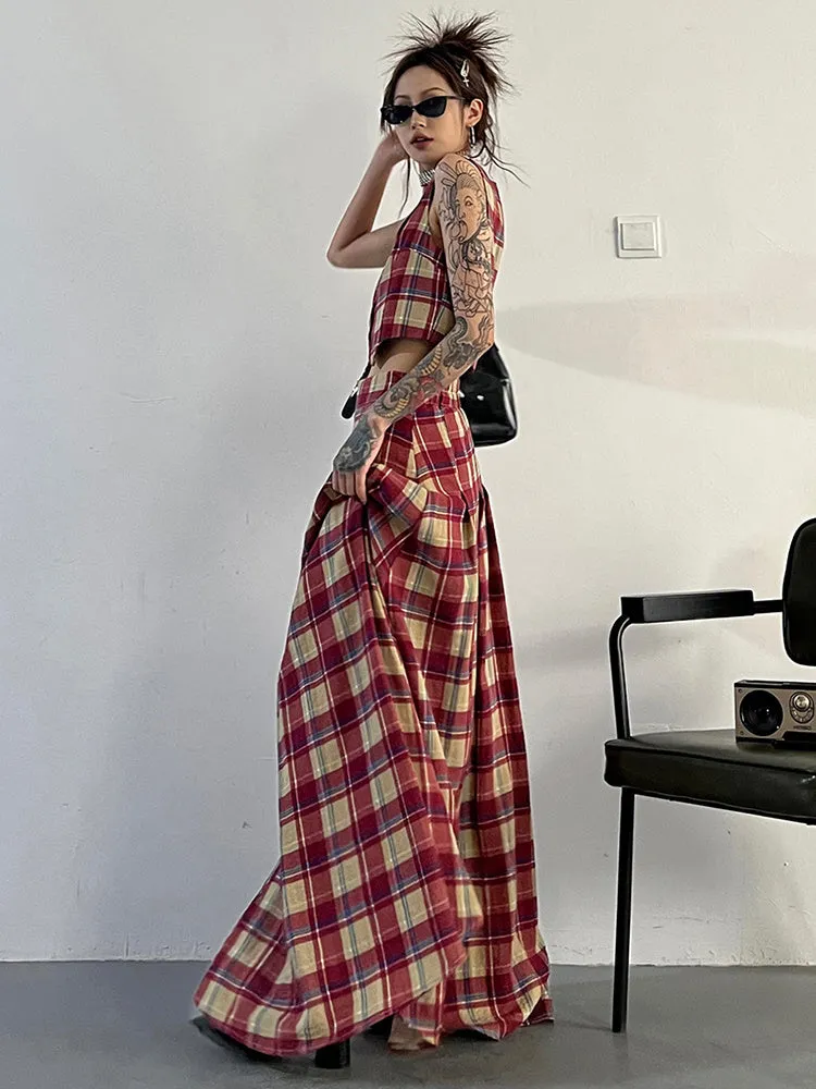 Tihee Plaid Long Skirt - Red and Tan