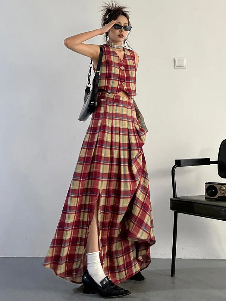 Tihee Plaid Long Skirt - Red and Tan