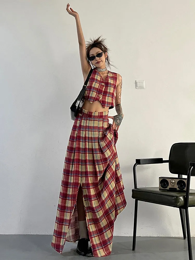 Tihee Plaid Long Skirt - Red and Tan