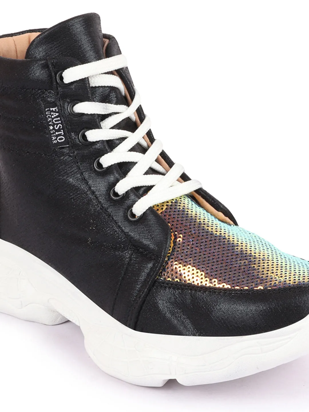 Women Black High Ankle Lace Up Embellished Sneakers