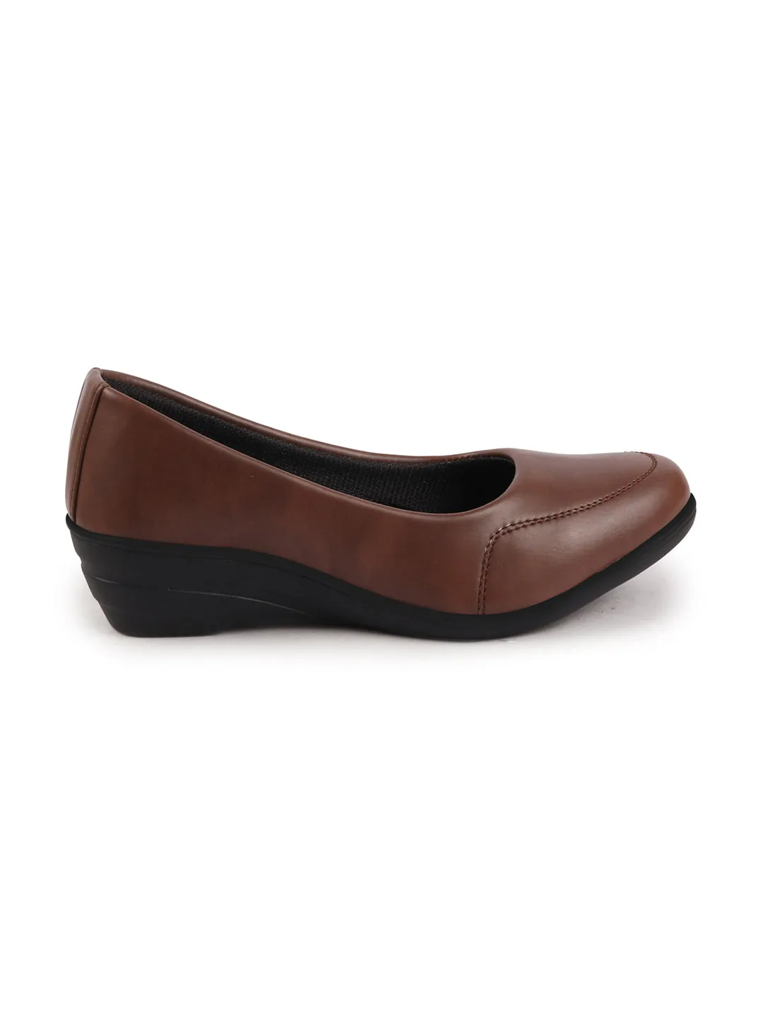 Women Brown Formal Platform Wedge Heel Slip On Ballerina Shoes