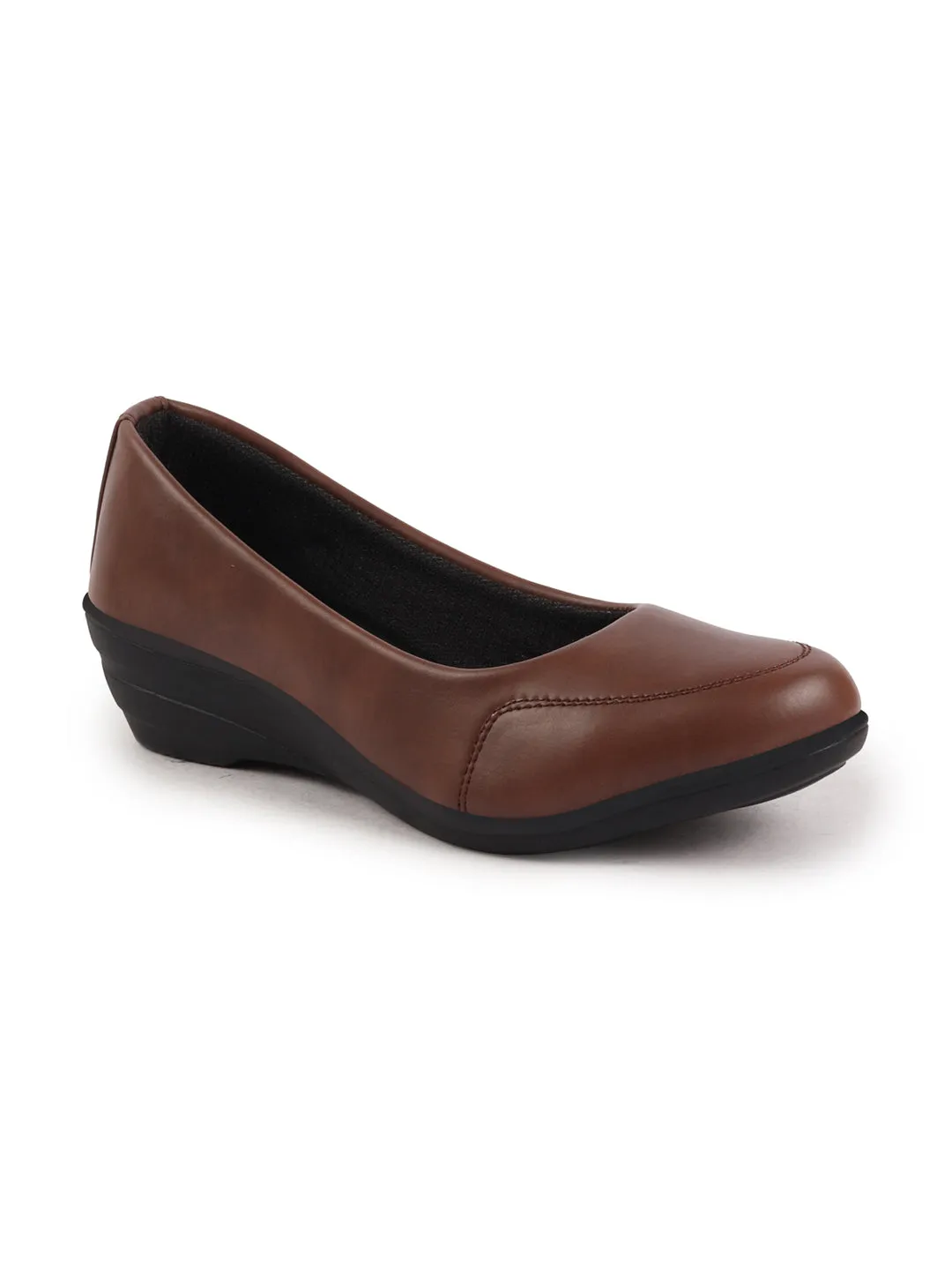 Women Brown Formal Platform Wedge Heel Slip On Ballerina Shoes